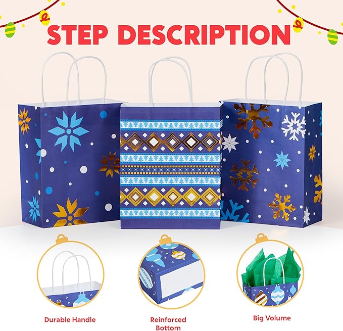 JOYIN 24 PCS Christmas Kraft Gift Bags Xmas Holiday Present Wrapping Paper Goody Bags with Handles for Classrooms and Wedding Decor, Party Favors and Decor Supplies (Blue, 9 x 7.3 x 3.3)