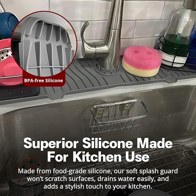 ODRAGO Silicone Kitchen Sink Splash Guard - 24.01 Inch Faucet Mat for Kitchen Sink Water - Longer Faucet Handle Drip Catcher Tray-Sink Guard for Kitchen Sink (Grey)