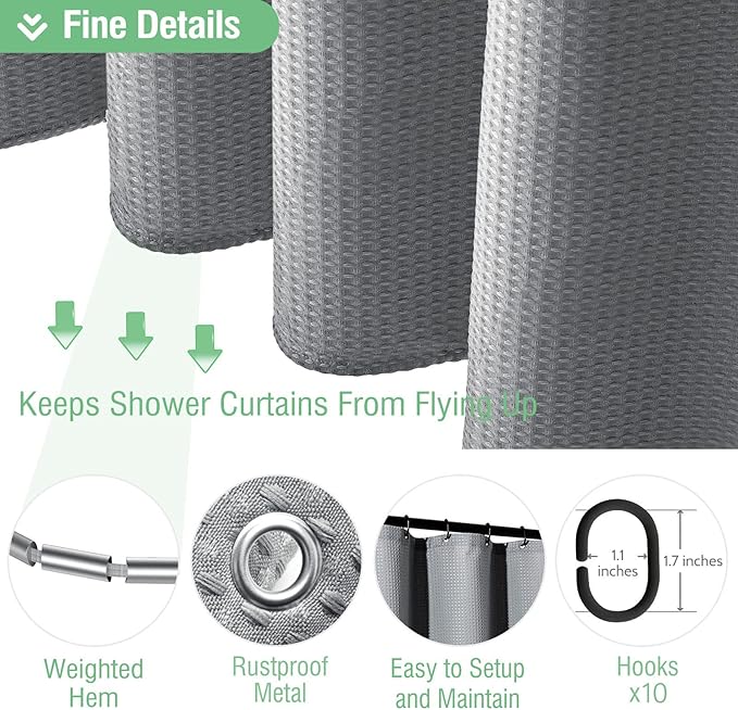 Dynamene Stall Fabric Shower Curtain - 54x78 inch Long Waffle Weave Weighted Thick Cloth Shower Curtains for Bathroom,Neutral Heavy Duty Hotel Spa Luxury Bath Curtain Set with 10 Hooks, Grey/Gray