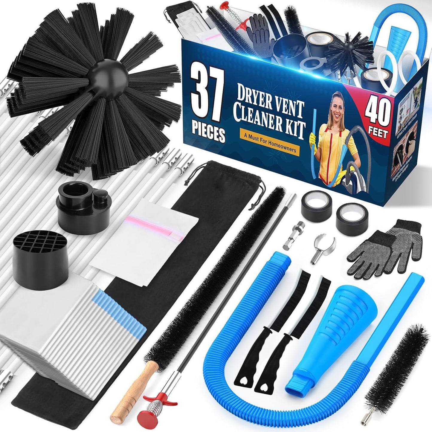 Sealegend 47-Piece 40-Feet Dryer Vent Cleaner Kit, Dryer Cleaning Tools, Omnidirectional Dryer Lint Vacuum Attachment, Dryer Vent Brush, Universal Vacuum & Dryer Adapters (Blue)