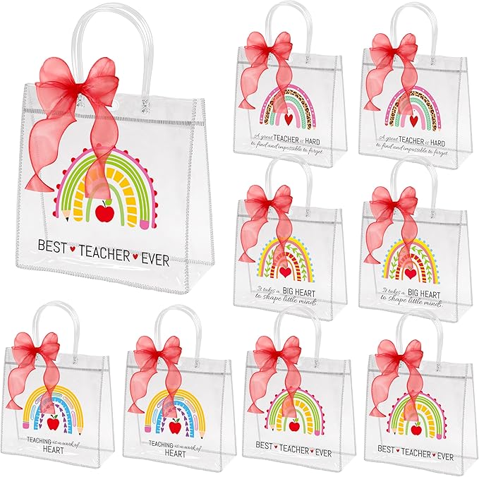 H1vojoxo Teacher's Day Gift Bags - 24PCS Teacher Appreciation Gift Clear Bags with Red DIY Ribbon 7.87x3.2x7.87 Inch Clear PVC Tote Bag with Handles Reusable PVC Thank You Gift Wrap Bag for Teachers
