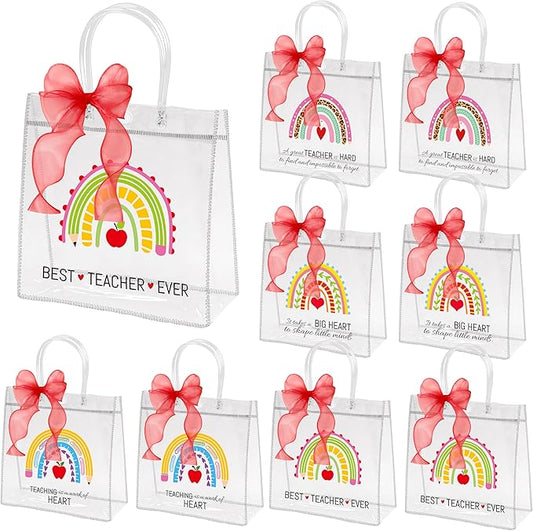 H1vojoxo Teacher's Day Gift Bags - 24PCS Teacher Appreciation Gift Clear Bags with Red DIY Ribbon 7.87x3.2x7.87 Inch Clear PVC Tote Bag with Handles Reusable PVC Thank You Gift Wrap Bag for Teachers