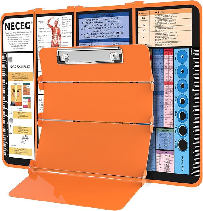 Nursing Clipboard Foldable-4 Layers Aluminum Nurse Foldable Clipboard Nursing Medical Edition Cheat Sheets, Pocket Size Pen Clip for Nurses Students School and Doctors-Orange Christmas Gifts Idea
