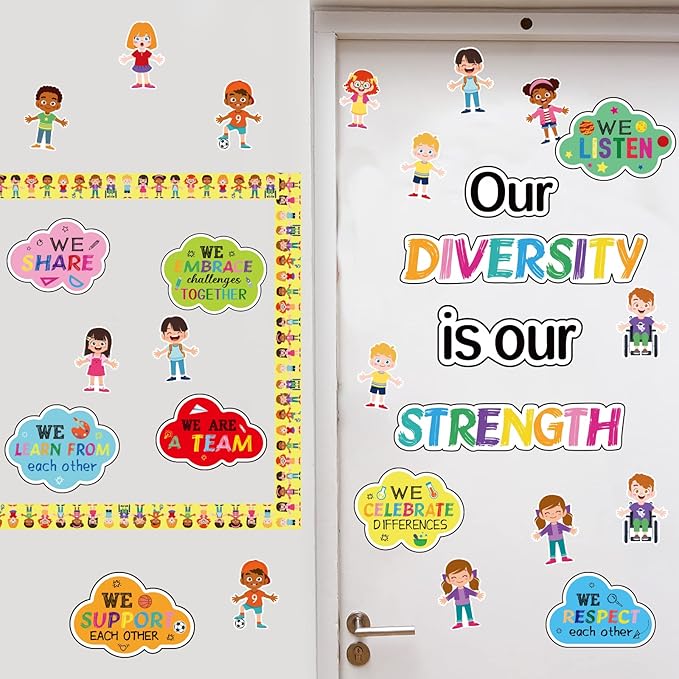 Diversity Bulletin Board Decoration Set Diverse Students Borders Cutouts for Party School Classroom Door Welcome Bulletin Board Craft Home Wall(Our Diversity is Our Strength)