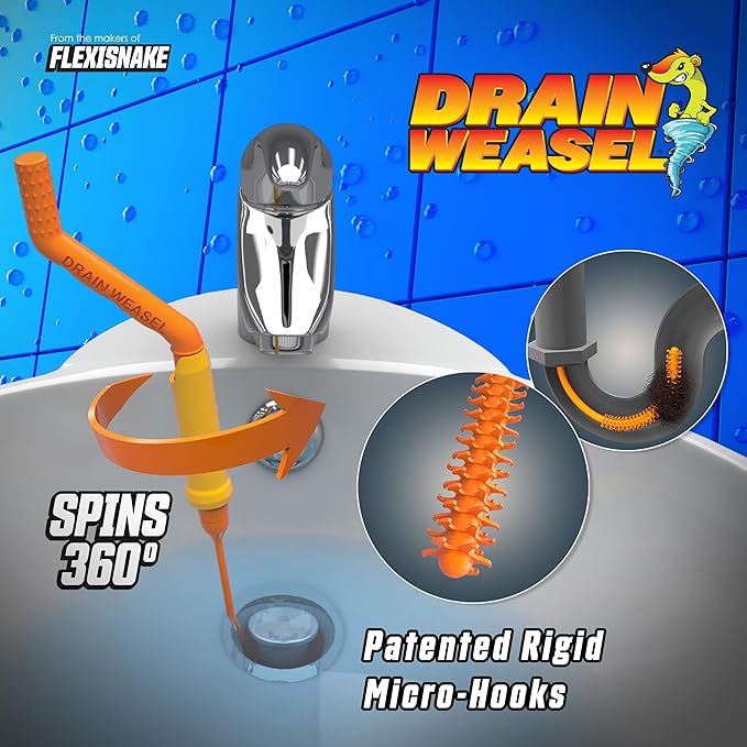 FlexiSnake Pro Drain Weasel Sink Snake Cleaner with New Molded Tip - 18″ - Drain Snake Clog Remover Tool with Rotating Handle & 5 Wand Refills - Easy to Use on Drains & Grates - Made in USA - 5-Pack