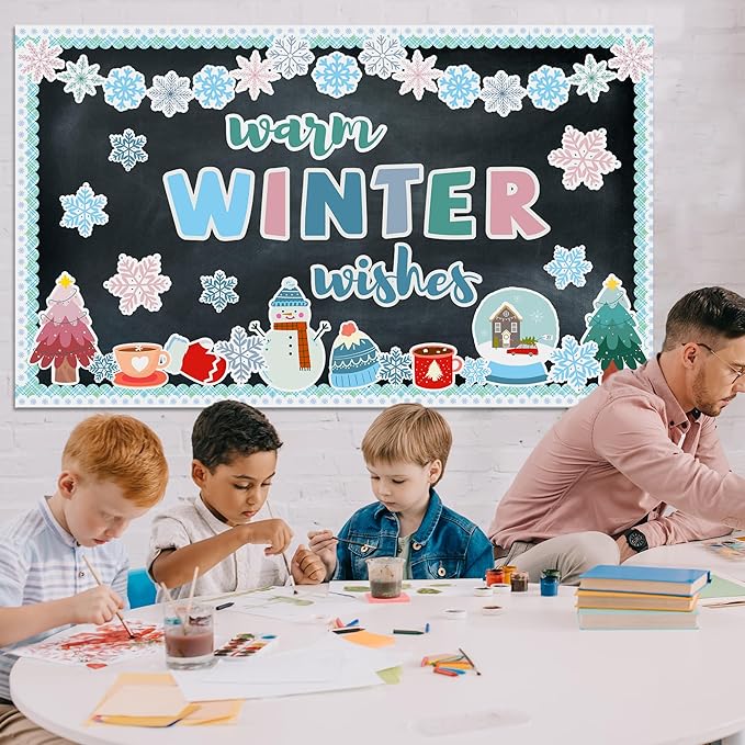 Winter Bulletin Board Decoration Warm Winter Wish Bulletin Board Set Snowflakes Snowman Cutouts Classroom Decoration for School Chalkboard Wall Door Holiday Christmas Xmas Supplies