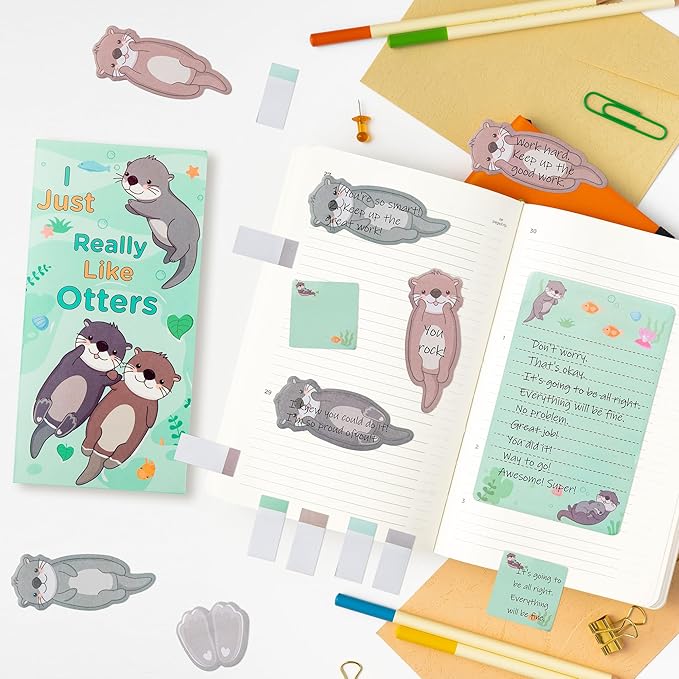 Xqumoi 2 Pack I Just Really Like Otters Sticky Notes Set - Cute Cartoon Otters Self-Stick Notes Pads Animal Divider Tabs Bundle Writing Memo Pads Page Marker Back to School Office Supplies Small Gift