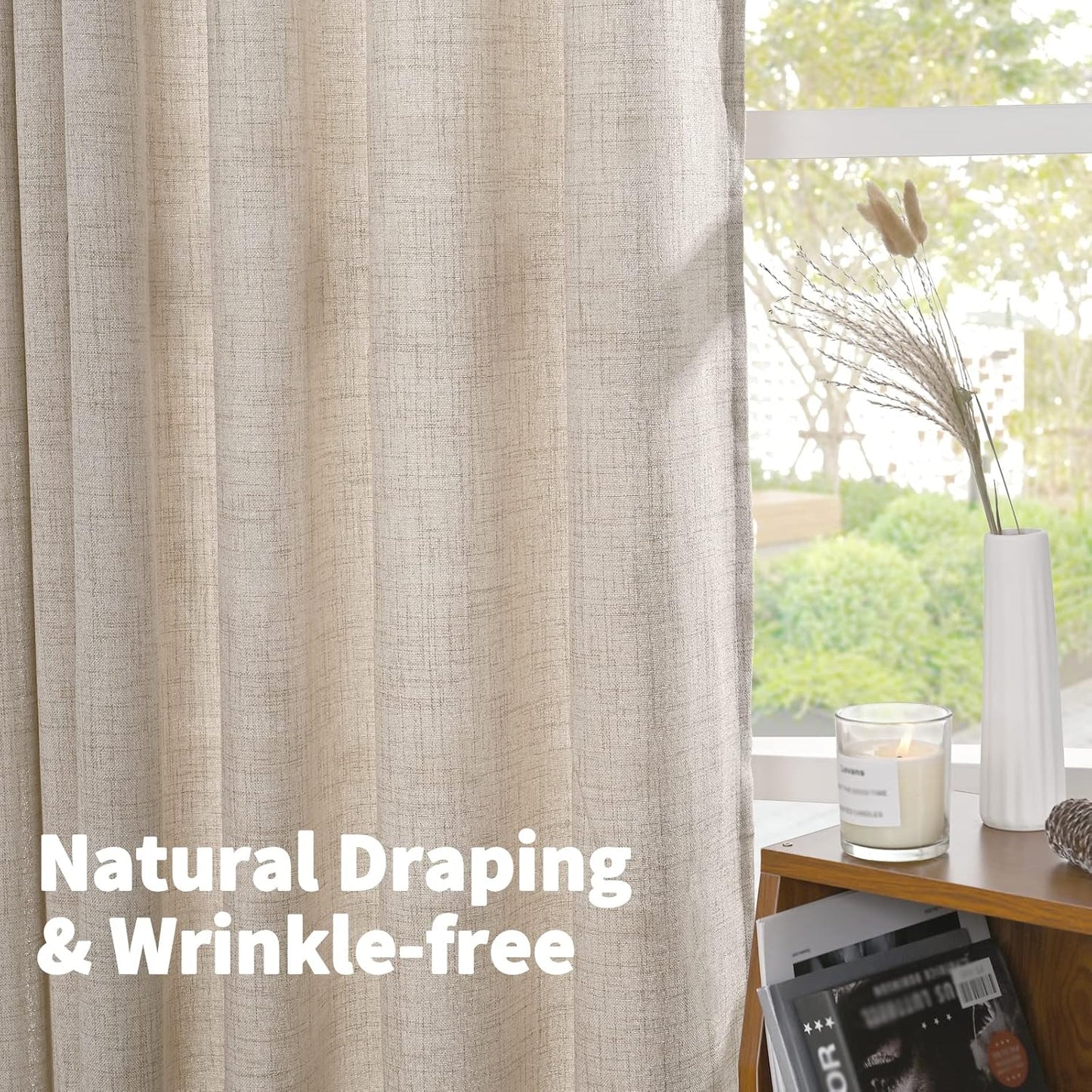 YoungsTex Natural Linen Curtains 84 Inch Length 2 Panels Rod Pocket Light Filtering Textured Window Drapes with Ring Clips for Living Room Dining Bedroom, 38 X 84 Inches