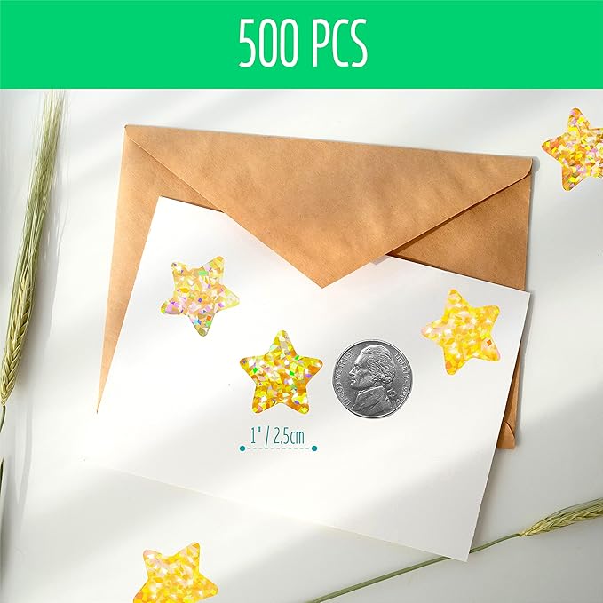 500 PCS Holographic Glitter Star Stickers, Self-Adhesive Metallic Golden Foil Reflective Sparkly Star Stickers - Reward Behavior Chart Labels for Kids, Students & Teachers (Each Measures 1")