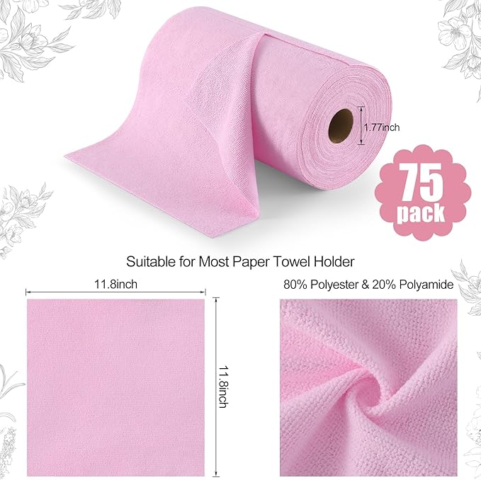Homaxy Tear Away Dish Cloths Rolls, 75 Sheets-11.8" X 11.8", Reusable Washable Dish Towels for Kitchen, Ultra Absorbent and Quick Drying Microfiber Cleaning Rags, Pink