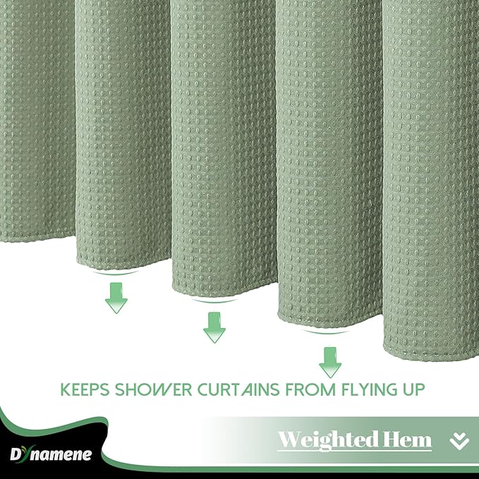 Dynamene 78 Inch Long Shower Curtain, Tall Waffle Fabric Shower Curtains for Bathroom, Hotel Waterproof Cloth Shower Curtain Liner Set with Hooks, Snap in Liner, Mesh Top Window, Sage Green, 72x78