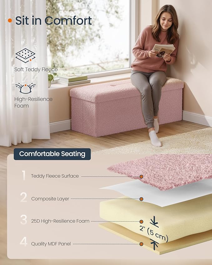 SONGMICS Storage Ottoman Bench, Storage Chest, 15 x 43 x 15 Inches, Foot Rest Stool, End of Bed Bench, Load up to 660 lb, for Living Room, Bedroom, Entryway, Jelly Pink ULSF097R01