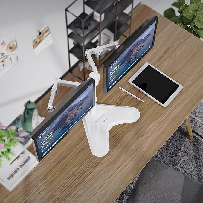 Mount-It! Dual Monitor Stand for Desk, Free Standing Monitor Stands for 2 Screens up to 19.8lbs per Arm, Fully Adjustable Dual Monitor Mount with Tilt, Swivel, Rotation with VESA 75 and 100, White