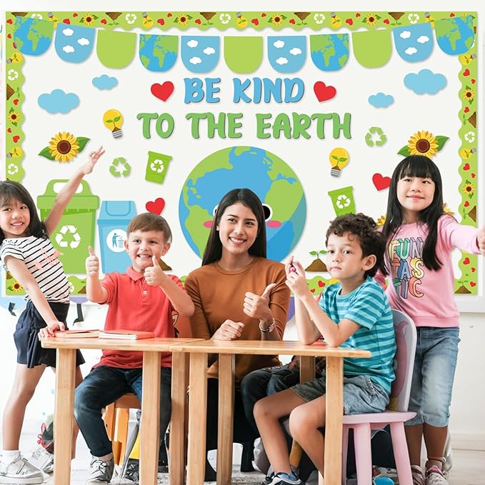 Earth Day Classroom Bulletin Board Set Environment Protection Classroom Decorations Spring Sunflower Grass Earth Paper Cutouts Educational Bulletin Board Borders for Elementary School Wall Door Decor