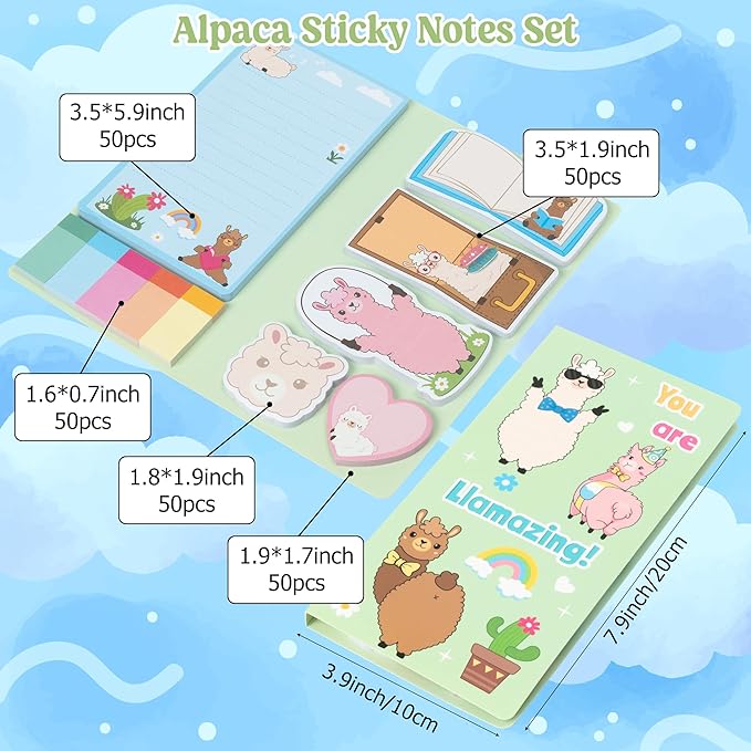 B1ykin Cute Sticky Notes Set - You Are Liamazing Self-Stick Notes Pad, 550 Sheets Writing Memo Pages Sticky Notepad for Teacher Appreciation Gifts, School Office Party Favors Supplies (Amazing Alpaca)