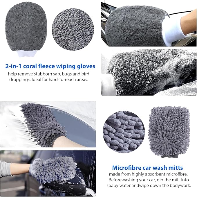 Premium Car Cleaning Kit with Bag - Professional Car Washing & Car Detailing Set, Includes Car Wash Mitts, A Game-Changing Microfibre Drying Towel, Waffle Cloths & Trio Of Brushes For A Deep Clean