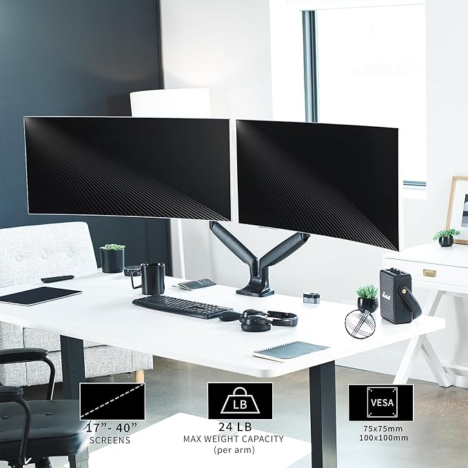 VIVO Premium Aluminum Heavy Duty Dual Monitor Arm for Ultrawide Monitors up to 40 inches and 24 lbs Each, Desk Mount Stand, Pneumatic Height, Max VESA 100x100, Black, STAND-V202Q