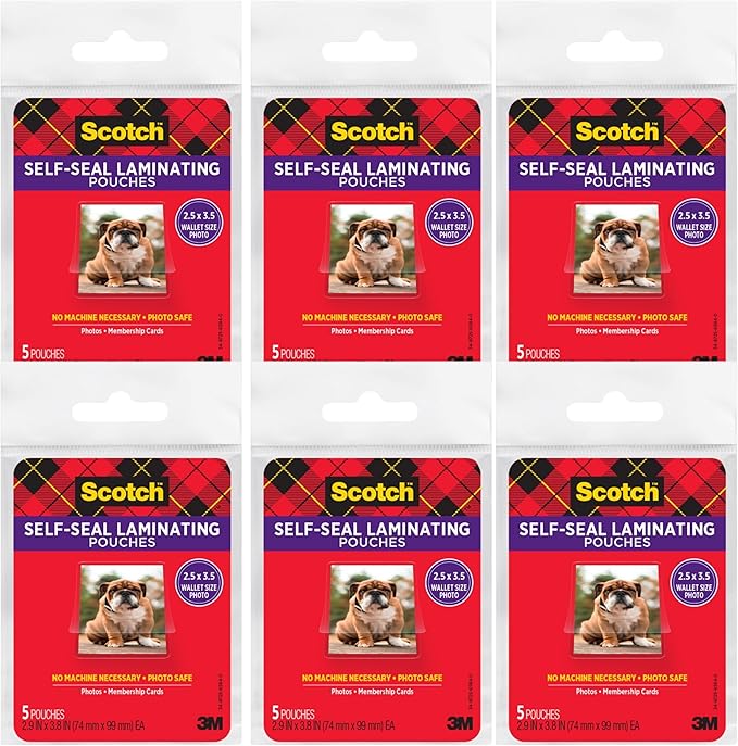 Scotch Self-Sealing Laminating Pouches, Gloss Finish, Wallet Size 2.5″ x 3.5″, 6 Packs of 5 (30 Total) – No Laminator Needed, Photo-Safe Clear Protective Sheets