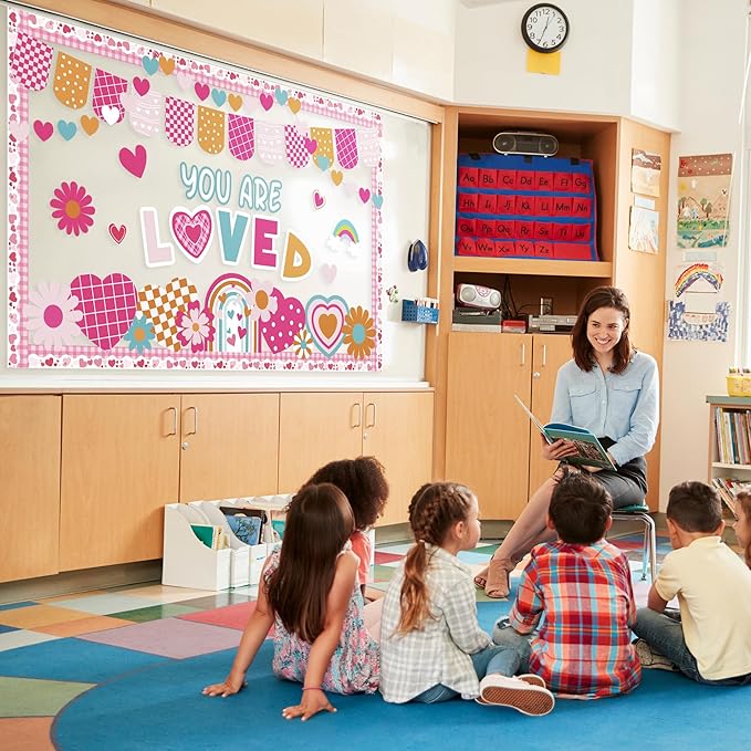 Valentine's Day Bulletin Board Set Valentines Classroom Decoration You are Loved Bulletin Board Borders Valentine's Day Loved Cutouts for Holiday School Office Chalkboard Wall Door Decor Supplies
