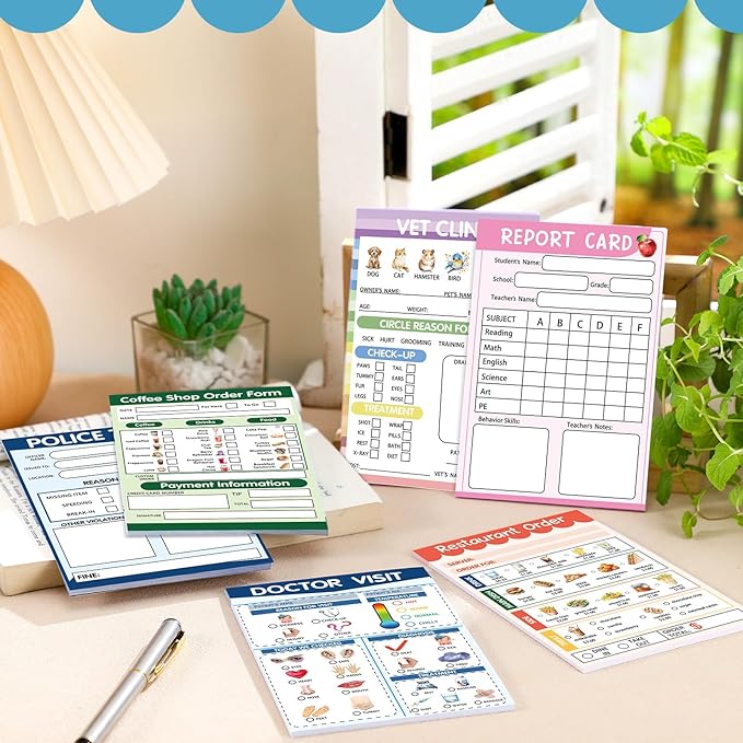 Eaasty 6 Pcs Kids Pretend Play Notepads for Kids Pretend Play Imaginative Role Playtime Bundle Include Doctor Police Teacher Vet Coffee Restaurant