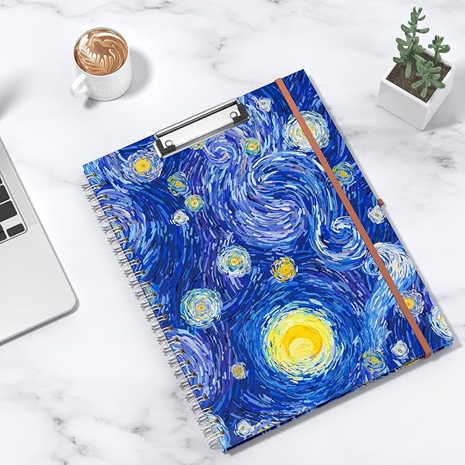 Rimilak Spiral Clipboard Folio with Refillable Lined Notepad, 14.5 x 9.8 In, Hardcover Cover with 5 Interior Pockets, Elastic Band and Pen Loop Series. Cute Stylish Clipfolio, Starry Sky