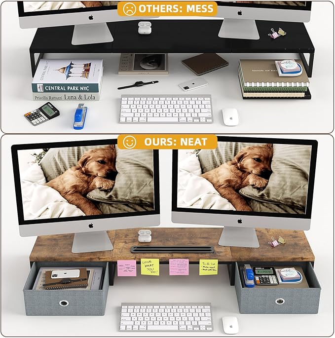 Mexin Dual Monitor Stand Riser with 2 Drawers - 39Inch Large Storage Computer Monitor Stands for 2 Monitors, Wooden Desktop Organizer Perfect for Home Office Desk, Computer, Laptop, TV, Rustic Brown