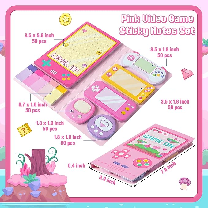B1ykin Cute Sticky Notes Set - Level Up Video Game Shaped Self-Stick Notes Pad, 550 Sheets Writing Memo Pages Sticky Notepad for Teacher Appreciation Gifts, School Office Supplies (Pink Video Game)