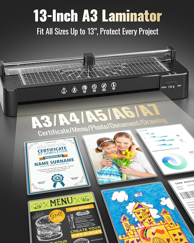 13in Laminator Machine with Sheets 50pcs + Paper Trimmer + Corner Rounder, 11x17 / ABS Anti-Jam Technology |Dual Hot and Cold Mode | 90s Fast Preheat for A3/A4/A5/A6 Home Office School Use