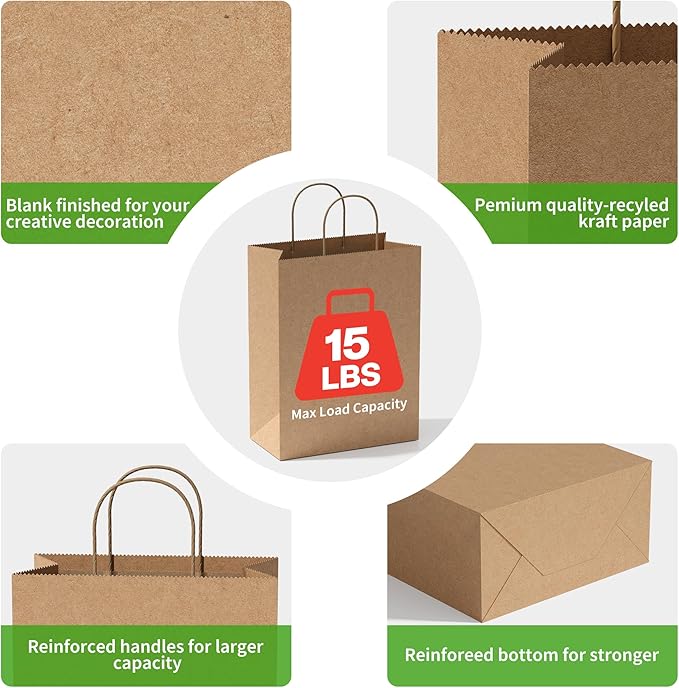Simple Deluxe 100 Pack Kraft Paper Bags with Handles 10x5x13 - Made in USA -15 Lb Max Load - 100% Recycled Natural Brown Shopping Bags for Retail, Gifts & Merchandise (Premium 90GSM)