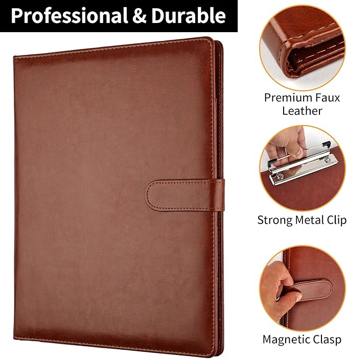 Professional Padfolio with Clipboard, Faux Leather Portfolio Folder Binder, Legal Pad Holder for A4 Letter Size Notepad, Resume, Writing Pad, Ideal Organizer for Business Office Conference (Brown)