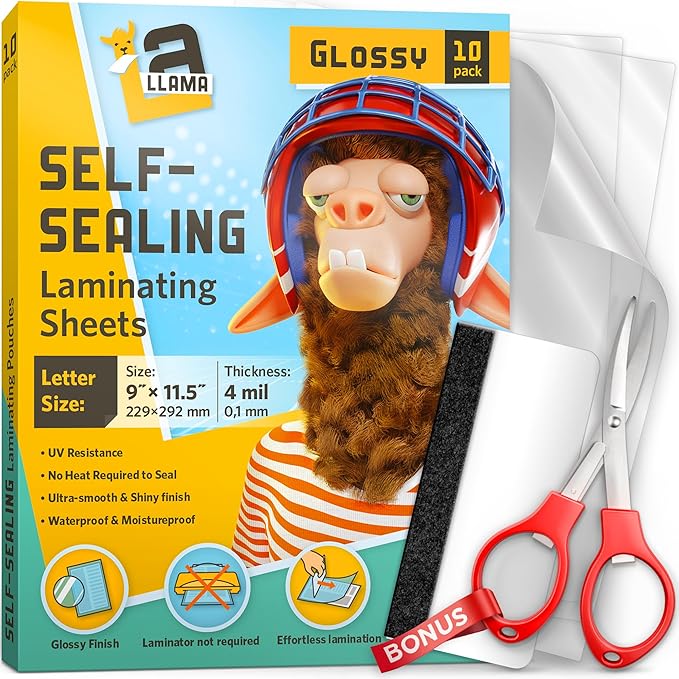 Self Adhesive Laminating Sheets, 9 x 11.5 Inches, 4 Mil Thick, Suited for Letter Size Self Sealing Lamination Sheets 8.5 x 11, 10 Pack