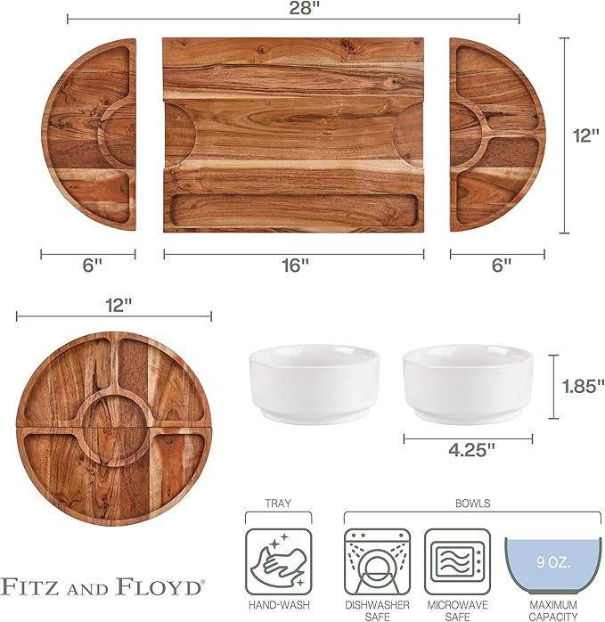 Fitz and Floyd Charcuterie 3 Part Magnetic Acacia Wood Adjustable Serving Board