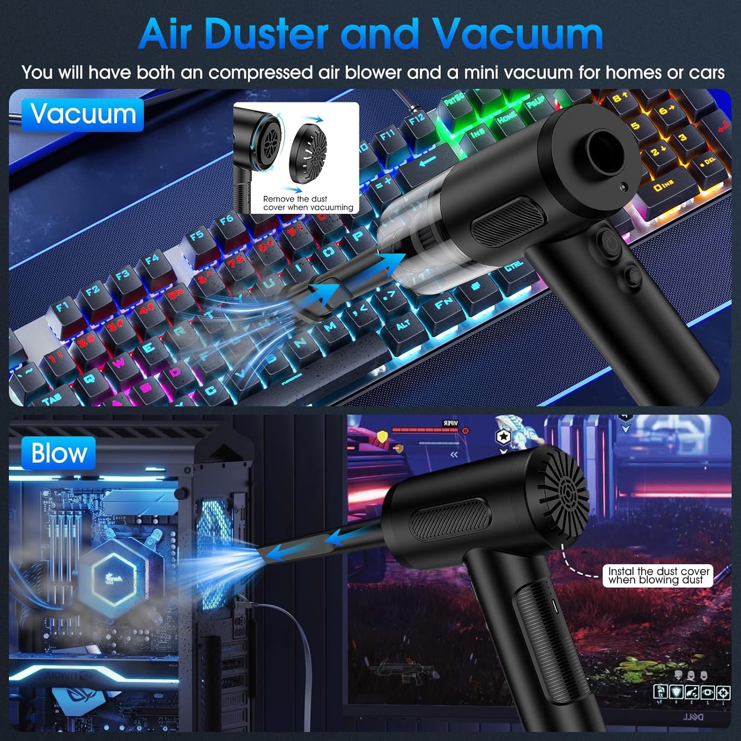 Compressed Air Duster, 100000RPM Handheld Car Vacuum/Air Blower& Pump, 3 Gear Adjustable Electric Air Duster/Car Vacuum Cleaner, Keyboard Duster with LED Light-10 Kits Air Blower for Computer(Black)