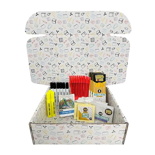 School Supply Boxes | Teacher Case (4 Boxes) | Back to School Essentials Kit Designed for Teachers | Includes Pencils, Red Pens, Dry Erase Markers, Sticky Notes, Paper Clips & More