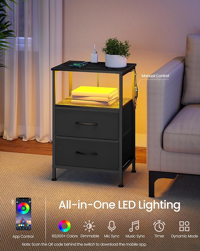 SONGMICS BELLAH Collection - Nightstand with Charging Station and App-Controlled Adjustable LED Lights, Bed Side Table, 2 Drawer and 1 Open Shelf, Bedroom, Ink Black and Ebony Black ULGS302BH01S