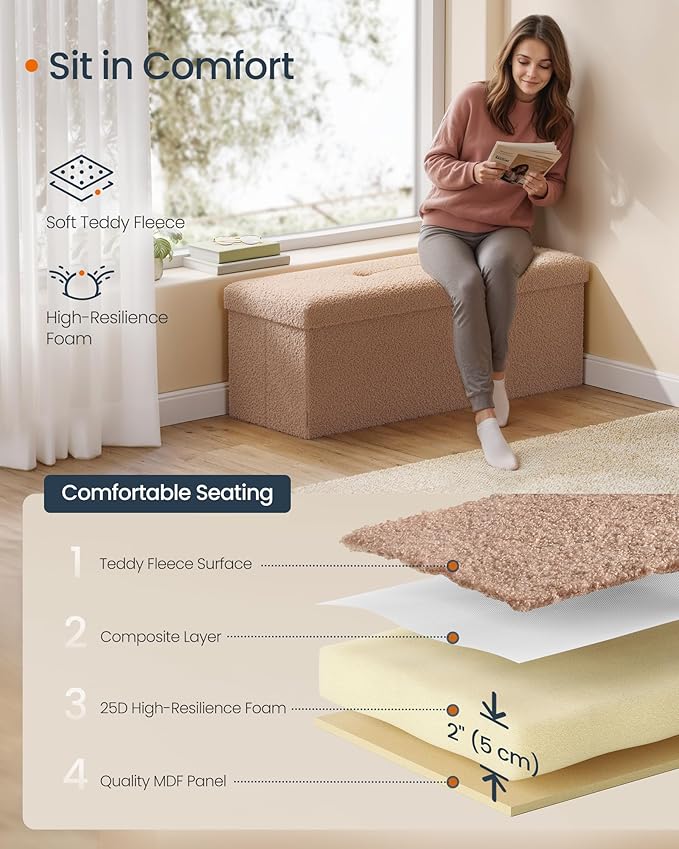 SONGMICS Storage Ottoman Bench, Storage Chest, 15 x 43 x 15 Inches, Foot Rest Stool, End of Bed Bench, Load up to 660 lb, for Living Room, Bedroom, Entryway, Camel Brown ULSF097K01