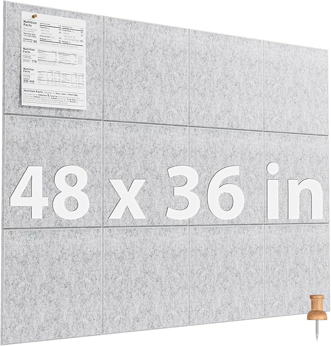 MaxGear Large Cork Board for Wall 48" x 36" Light Gray Bulletin Board, 12 Pack Felt Wall Tiles with Pushpins, Cork Boards for Office Pin Board Tack Board for Photo Meno Decor
