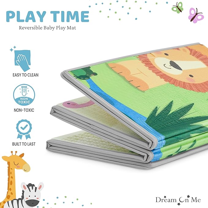 Dream On Me Play Time Reversible Baby Play Mat Foldable Extra Large Thick Foam Crawling Playmats for Toddlers Waterproof Portable Playmat, Happy Feet