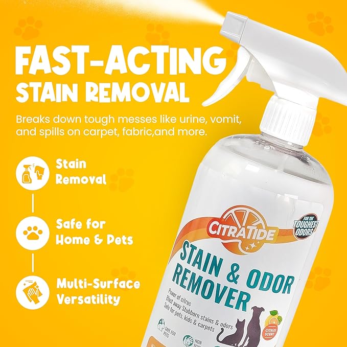 Pet Stain & Odor Remover Spray – Citrus Powered, Non-Toxic, Safe for Pets & Kids, Multi-Surface Cleaner for Carpet, Upholstery, Hardwood & More – USA Made Odor Eliminator