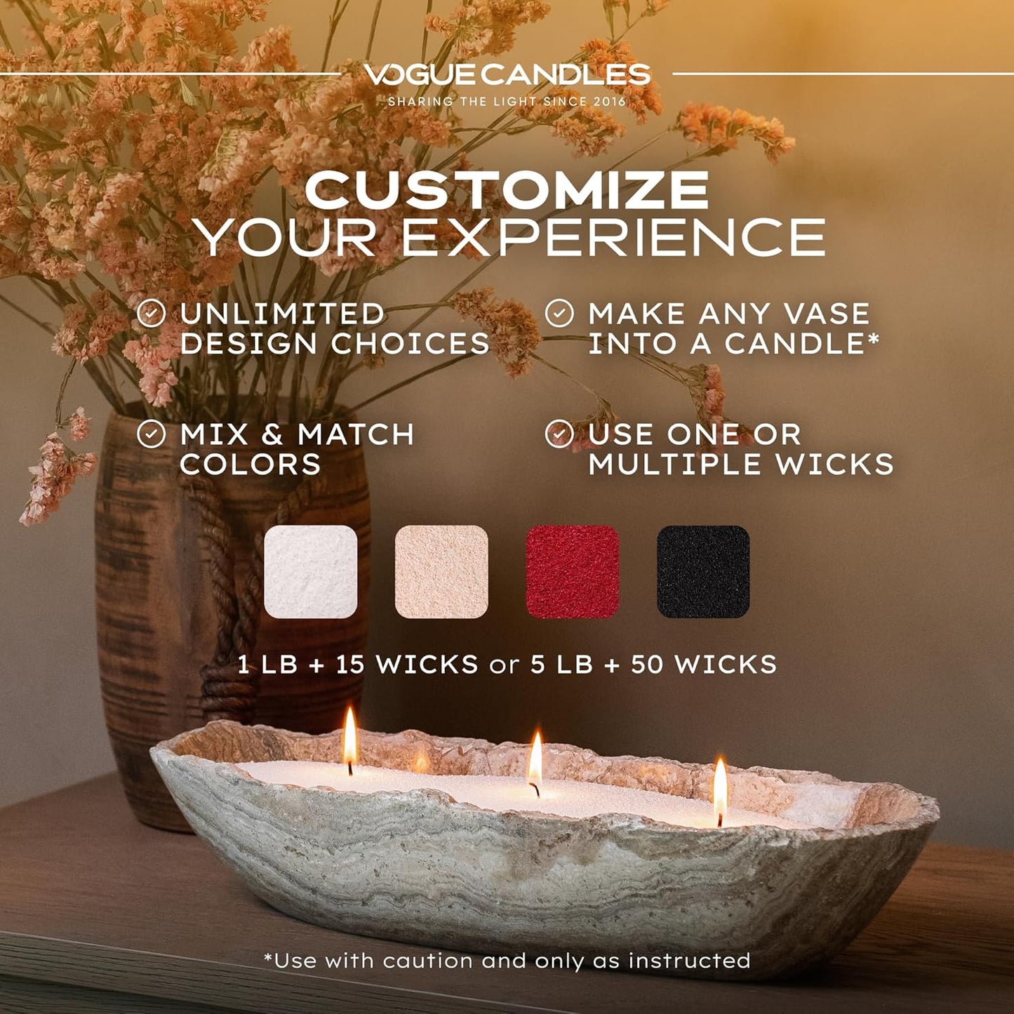 Vogue Candles 5LB Candle Sand with 50 Wicks | Bulk Refillable Plant-Based Granules for Custom Candle Making | Unscented, Clean Burn, Smoke-Free, Vegan Candle Refill Kit- White