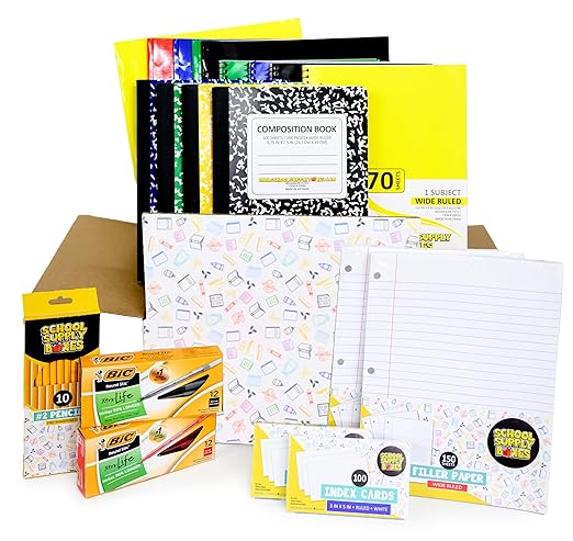 School Supply Boxes | Elementary Writing Bundle (1 Box) | Back to School Essentials Kit for Students & Teachers | Includes Wide-Ruled Filler Paper, Wide-Ruled Notebooks, 12 ct. Pens, & More