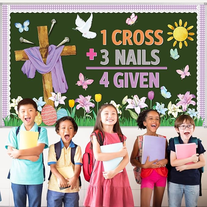Easter Jesus Bulletin Board Set Easter Cross Spring Classroom Decorations 1 Cross 3 Nails 4 Given Religious Paper Cutouts for Church Sunday School Chalkboard Office Wall Door Decor