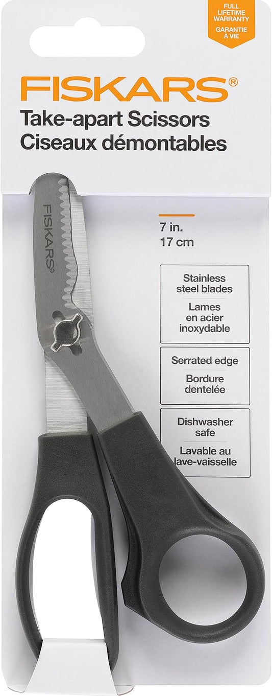Fiskars Everyday Take-Apart Shears, Multipurpose Scissors, Hardened Stainless Steel Blades & Serrated Edge with Power Notch, 7”, Gray