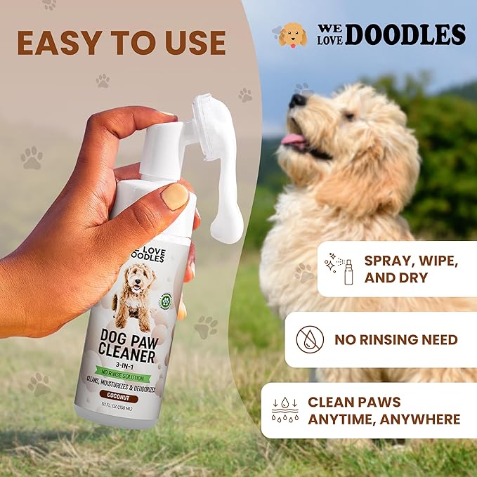Dog Paw Cleaner (Over 100+ Feet Cleanings) No-Rinse Dog Foot Washer, Gentle and Safe Paw Cleaner for Dogs and Cats, Foam Formula, Moisturizes and Deodorizes, 150mL (Coconut) [We Love Doodles]
