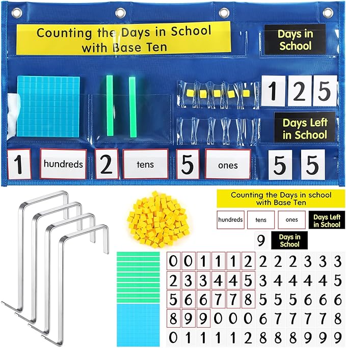 Back to School Counting The Days with Base Ten Pocket Chart Place Value, Counting Caddie Pocket Chart for Classroom Bulletin Board School or Home Decor, 4 Hooks(Blue,Classic Style)