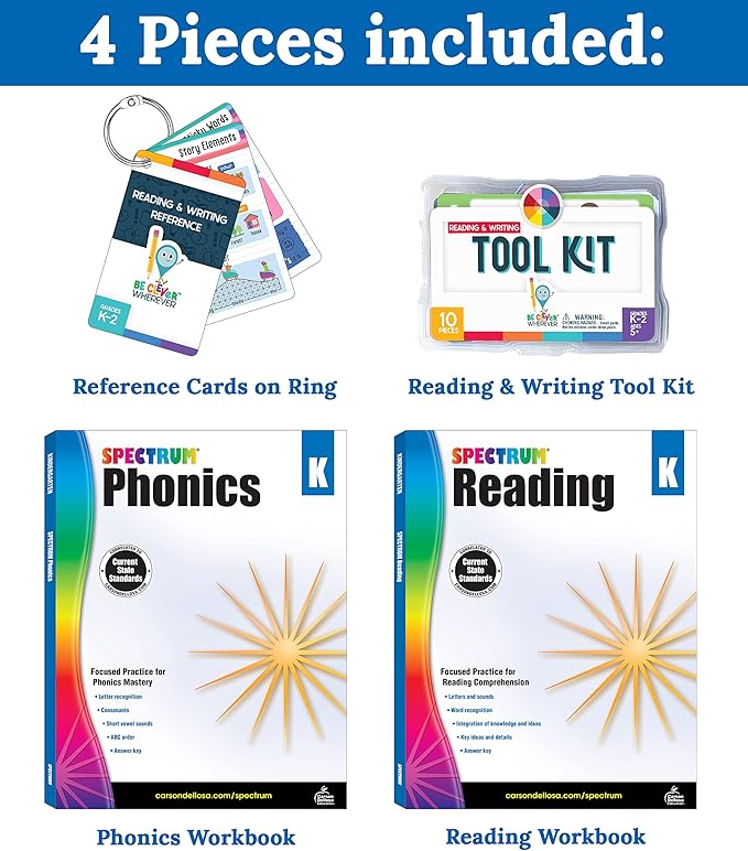 Carson Dellosa 29-Piece Grade K Literacy Teaching Supplies, Spectrum Phonics and Reading Kindergarten Workbooks, Writing Tool Kit, and Reference Flash Cards