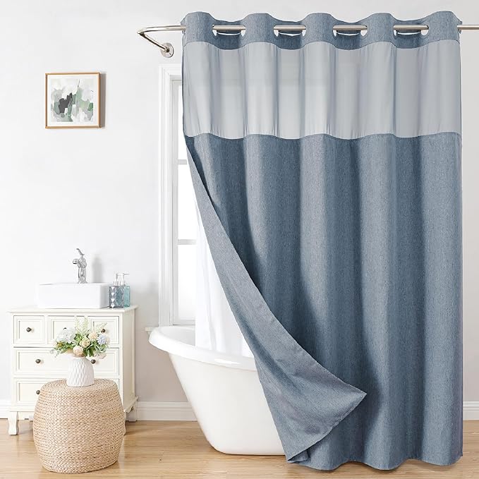 No Hooks Needed Linen Textured Shower Curtain with Snap-in Fabric Liner Set,Blue Grey Hotel Luxury Decor Shower Curtains for Bathroom with Mesh Top Window,Waterproof & Washable,71Wx74H