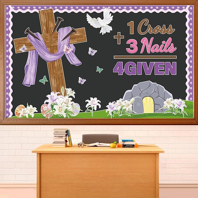 Easter Jesus Cross Bulletin Board Decorations Set 1 Cross 3 Nails 4 Given Jesus Resurrection Classroom Decor Easter Spring Religious Paper Cutouts for Sunday School Church Blackboard Wall Decoration