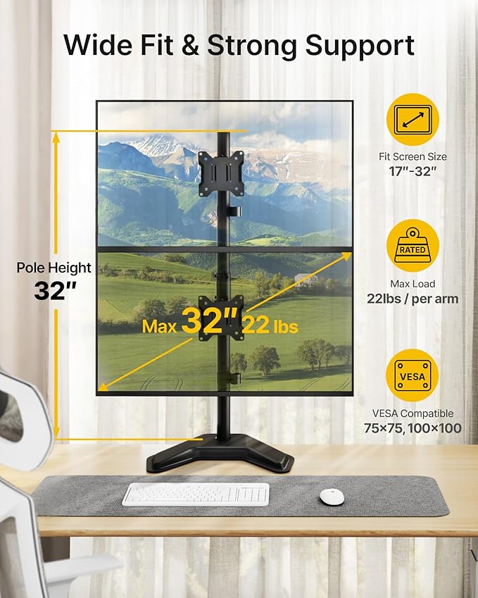 monTEK Stable Stacked Dual Monitor Stand, Heavy-Duty Vertical Monitor Mount for 17-32 inch Screen, Full Motion Arm with Tilt, Swivel, Rotation, Up to 22 lbs per Arm, Solid V-Shaped Base, VESA 100×100