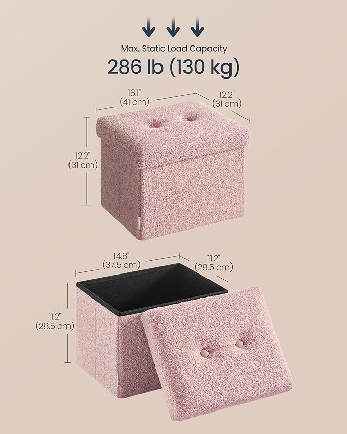 SONGMICS Small Folding Storage Ottoman, Foot Rest Stool, 12.2 x 16.1 x 12.2 Inches, Ottoman with Storage, Load up to 286 lb, for Living Room, Bedroom, Dorm, Jelly Pink ULSF094R01